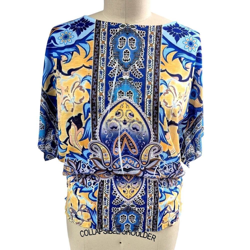 80s Energe world wear 100% Polyester Top Blue/Yellow Wide Waistband Sz L